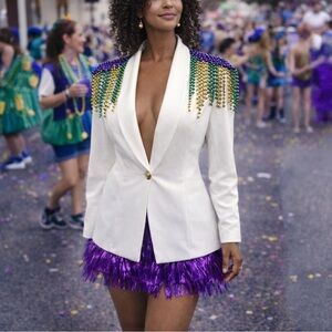 Custom Mardi Gras White Blazer with Purple and Gold Beaded Fringe, Size:Large